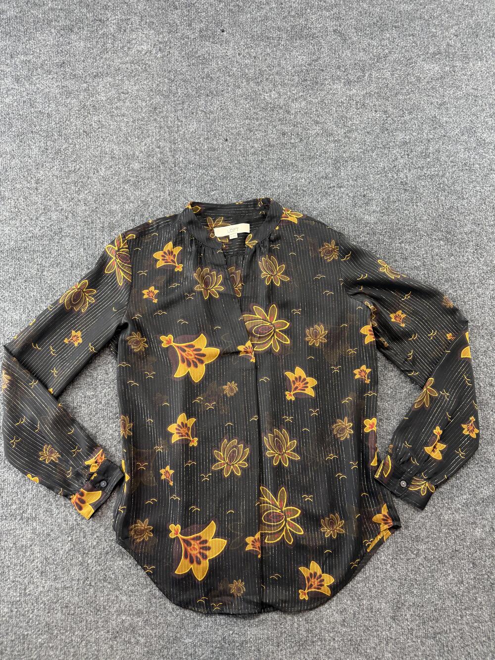 LOFT Blouse Womens XS Black Floral Chiffon Long Sleeve V Neck Tunic Top